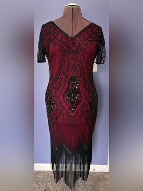 1920s Flapper Vintage V Neck Sequin Beaded Gatsby Cocktail Fringe Dress